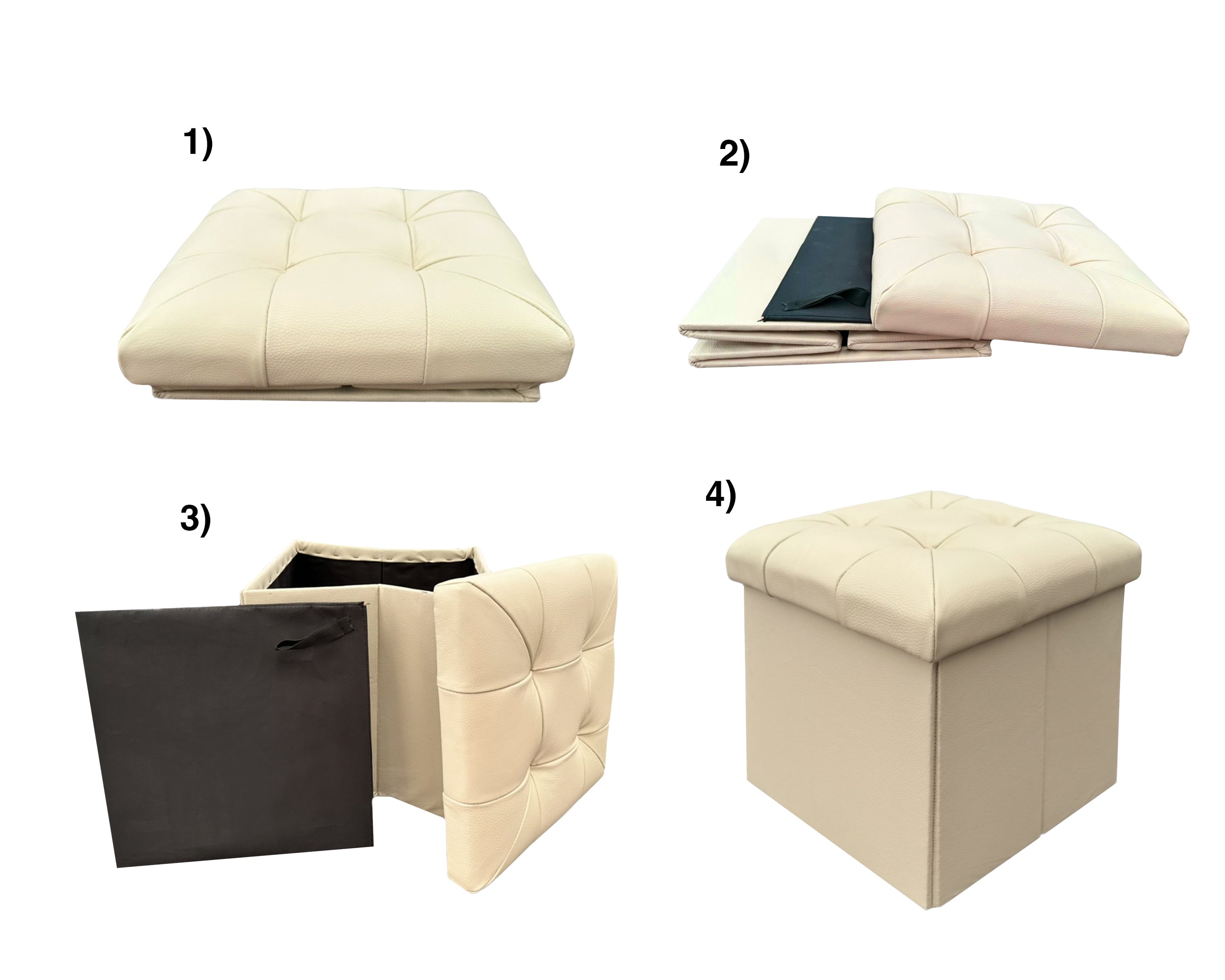 Taburete Plegable, ottoman, banco de piel genuina con almacenamiento 40 x 40cm