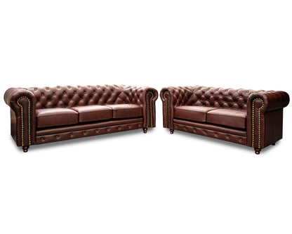 Sala de Piel Genuina Sofá y Love Seat, Mod. Chesterfield, dos piezas, 5 plazas.
