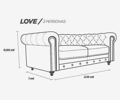 Love Seat de de Piel Genuina 100%, Mod. Chesterfield Deslavado